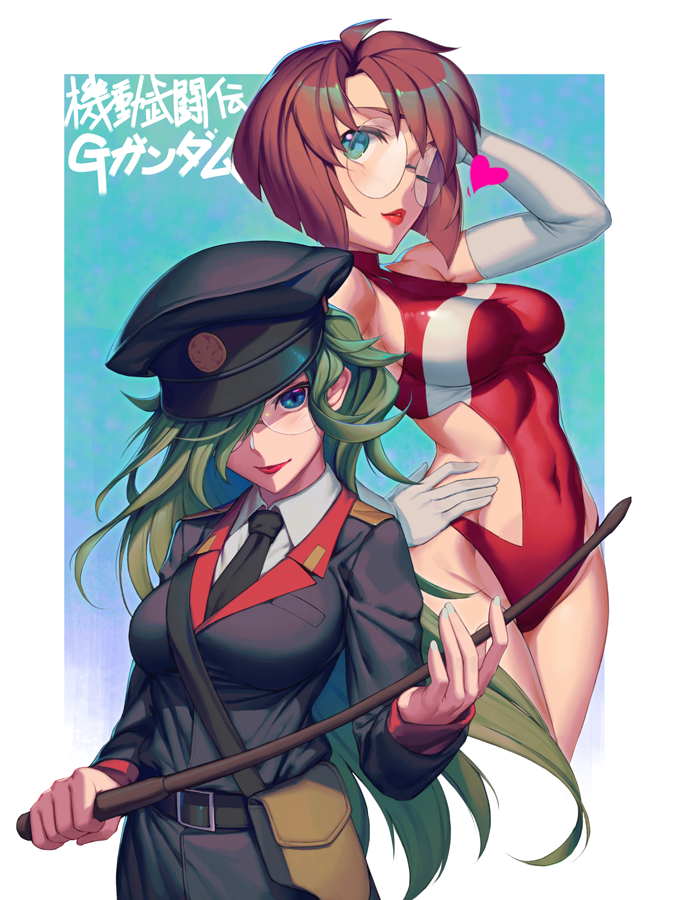 2girls, belt, blue_eyes, bunny_higgins, copyright_name, elbow_gloves, g_gundam, gloves