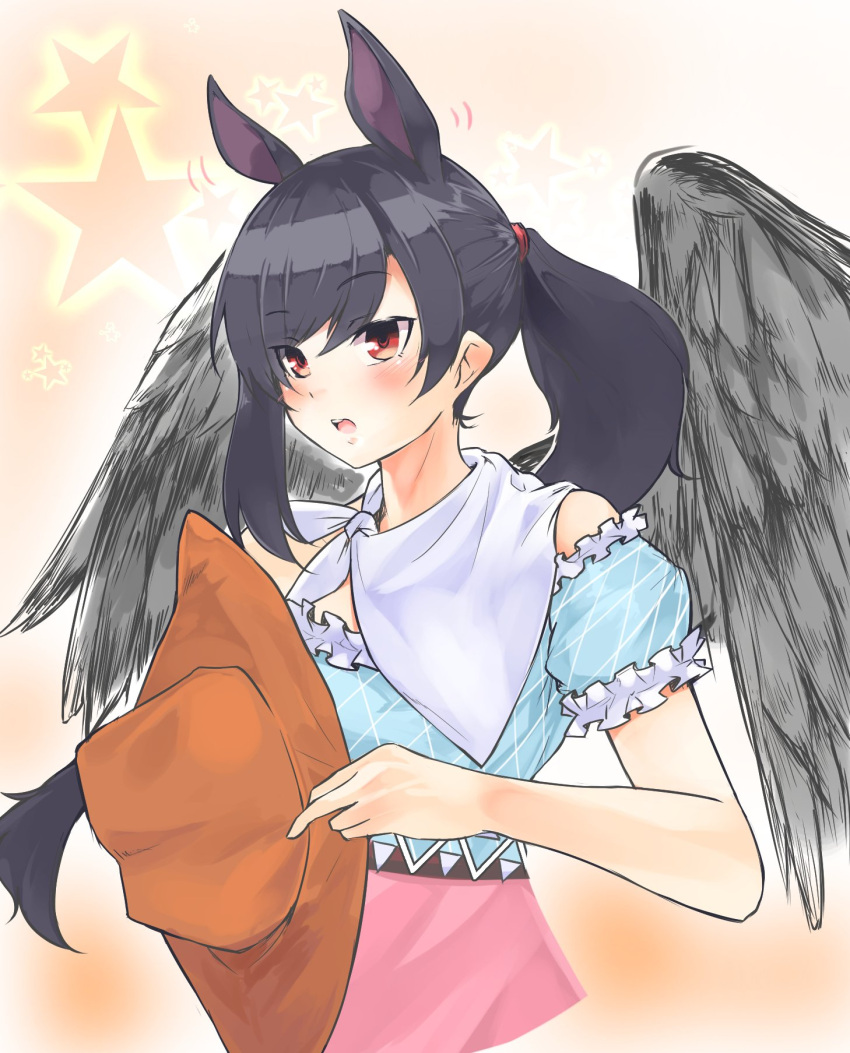 1girl, animal_ears, asa_(ces6ces8), bangs, bare_shoulders, black_hair, black_wings, blue_shirt