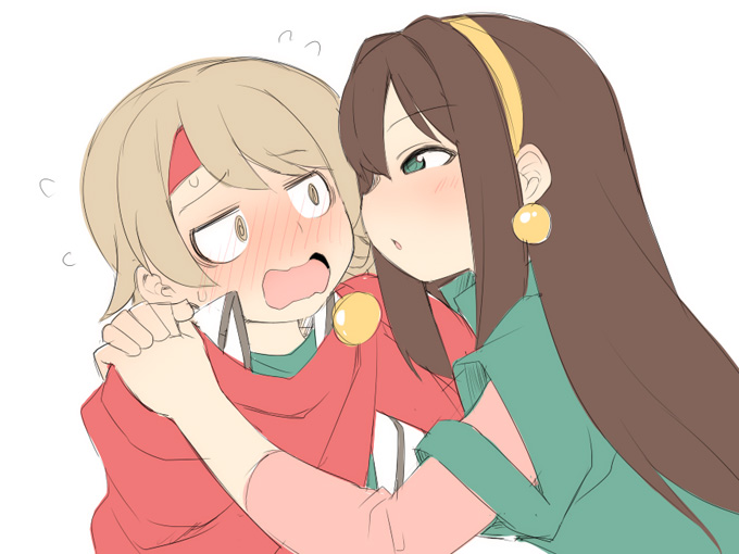 2girls, blush, brown_eyes, brown_hair, cloak, cosplay, cosplay_request, domon_kasshu