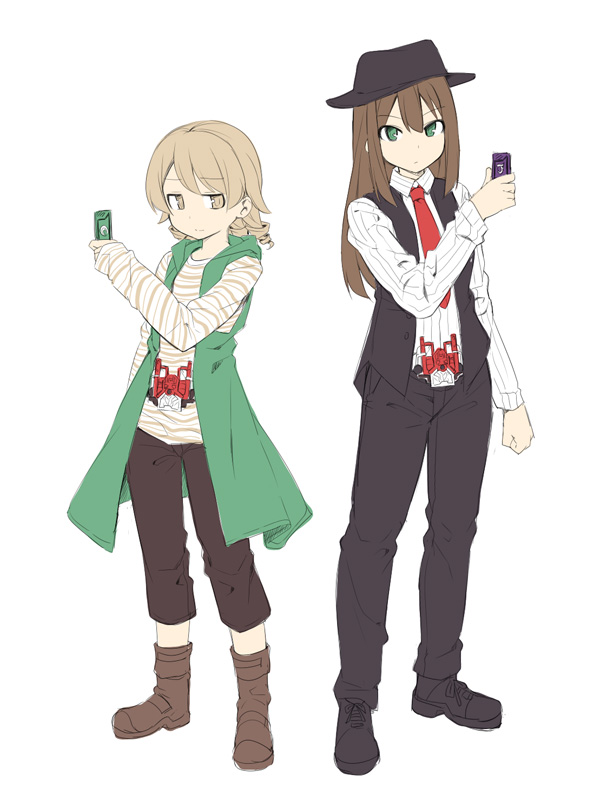 2girls, bangs, black_footwear, black_headwear, black_pants, black_vest, boots, brown_eyes