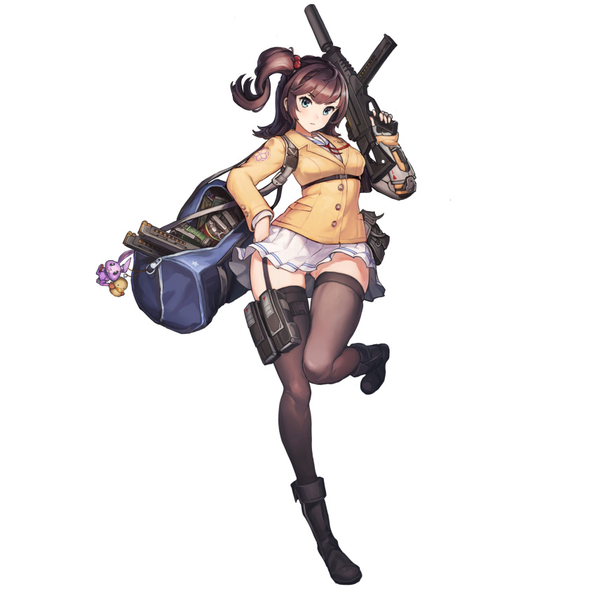 1girl, aqua_eyes, black_legwear, blazer, boots, brown_hair, gun, hair_bobbles, hair_ornament, highres, jacket, last_origin, long_hair, looking_at_viewer, magazine_(weapon), official_art, one_side_up, pleated_skirt, ribbon, rifle, sailor_collar, skirt, solo, suppressor, thigh-highs, tomoe_(last_origin), transparent_background, weapon, white_skirt