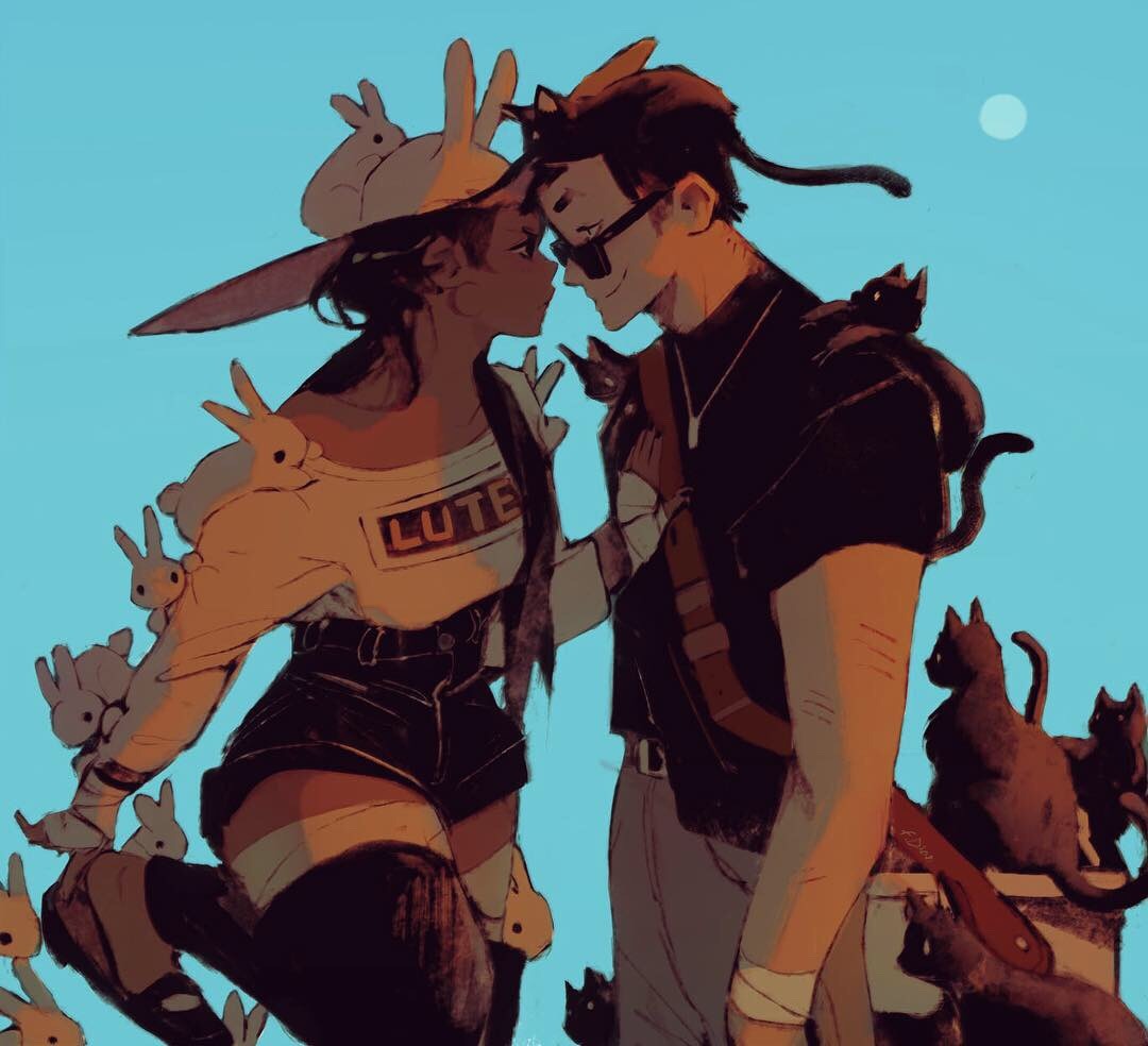 1boy, 1girl, androgynous, animal_hat, bag, black_cat, black_hair, blue_sky