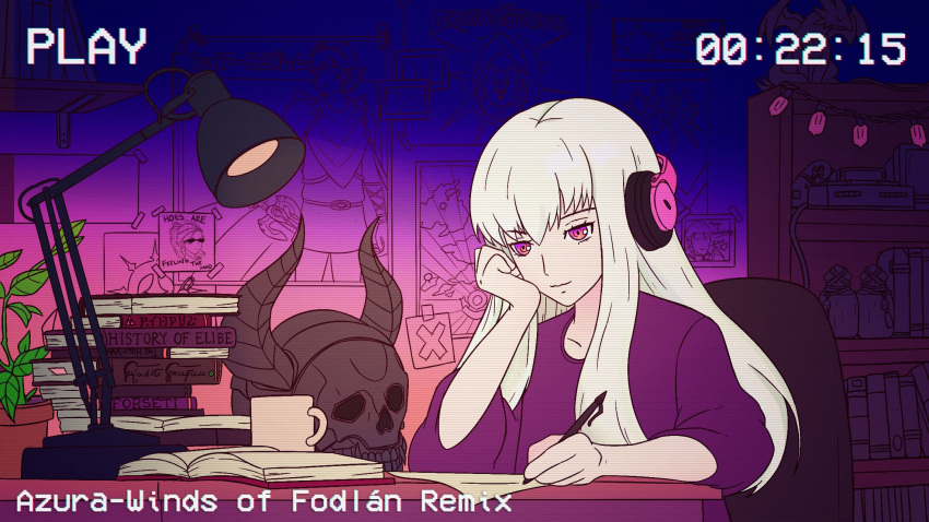 1girl, alternate_costume, book, bookshelf, chair, closed_mouth, cup, death_knight_(fire_emblem)