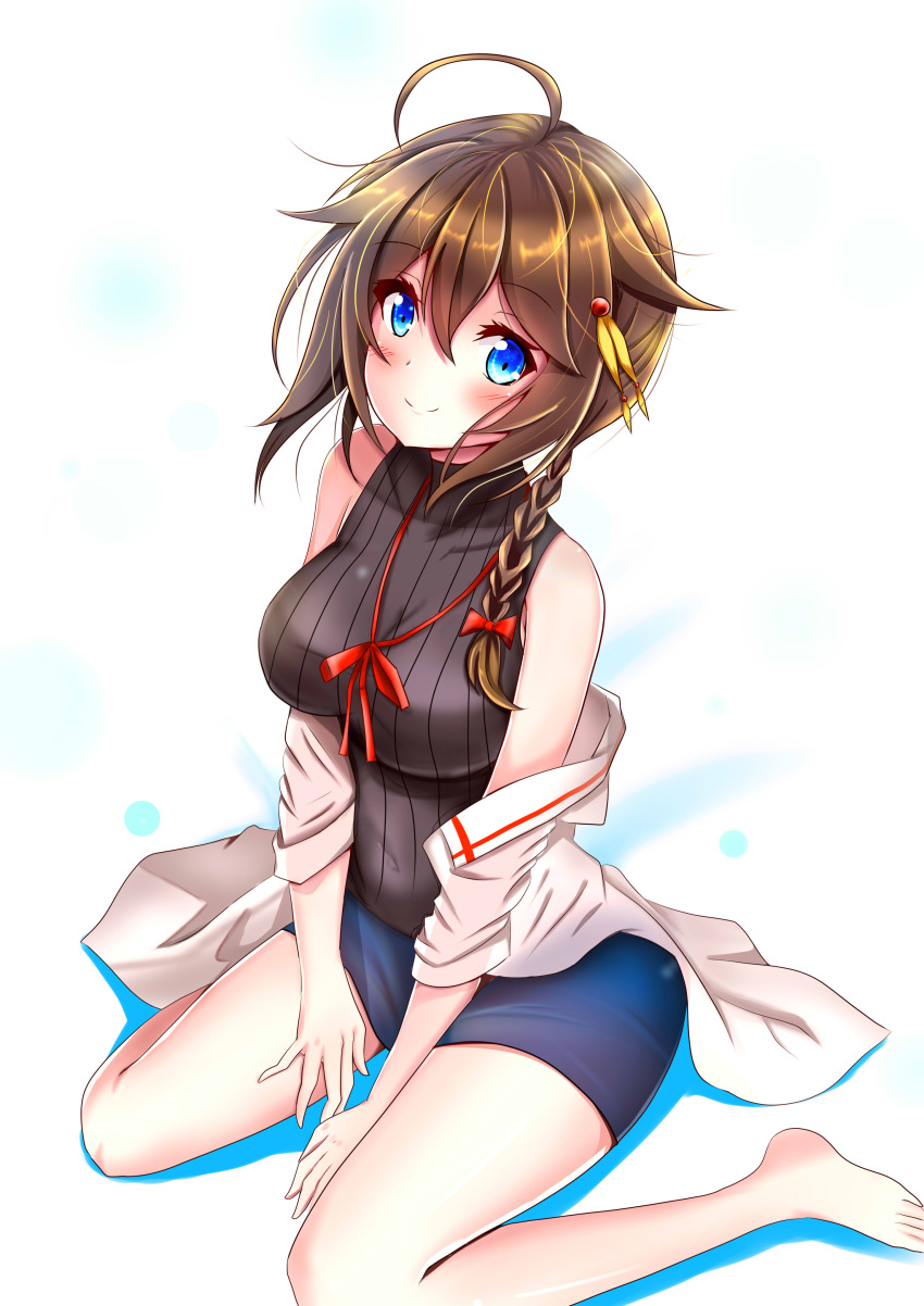 1girl, absurdres, blue_eyes, blue_skirt, blush, braid, breasts, brown_hair, closed_mouth, eyebrows_visible_through_hair, gradient, gradient_background, hair_between_eyes, hair_flaps, hair_ornament, hair_over_shoulder, hair_ribbon, highres, kantai_collection, large_breasts, lcel, long_hair, long_sleeves, off-shoulder_shirt, off_shoulder, remodel_(kantai_collection), ribbed_sweater, ribbon, shigure_(kantai_collection), shirt, single_braid, sitting, skirt, sweater, thighs, white_shirt