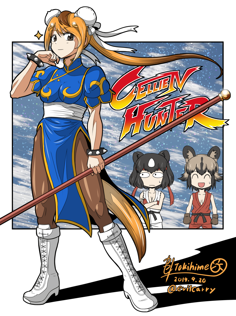 3girls, ^_^, african_wild_dog_(kemono_friends), animal_ears, arm_at_side, arms_at_sides, artist_name, bangs