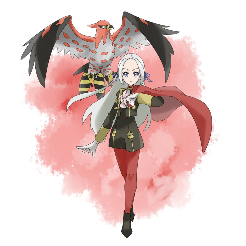 1girl, animal, artist_request, bird, blonde_hair, blue_eyes, cape, cravat, creatures_(company), edelgard_von_hresvelg, fire_emblem, fire_emblem:_three_houses, full_body, game_freak, garreg_mach_monastery_uniform, gloves, hair_ornament, hair_ribbon, highres, holding_poke_ball, human, intelligent_systems, koei_tecmo, long_hair, looking_at_viewer, nintendo, olm_digital, pantyhose, parody, poke_ball, poke_ball_(generic), pokemon, pokemon_(anime), pokemon_(creature), pokemon_(game), pokemon_xy, red_cape, ribbon, scorching, simple_background, smile, solo, style_parody, sugimori_ken_(style), super_smash_bros., talonflame, uniform, white_background