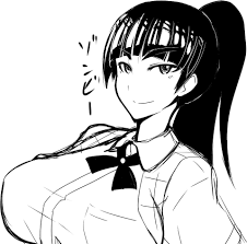 1girl, artist_request, black_hair, breasts, cejas_gruesas, ebino_mei, falda_de_tirantes, hatsukoi_zombie, large_breasts, lowres, ponytail, solo, translated, upper_body