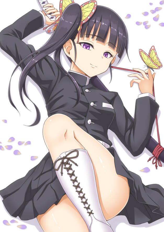 1girl, bangs, belt, black_hair, black_jacket, black_skirt, blunt_bangs, boots