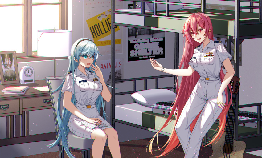 2girls, absurdres, alaska_(warship_girls_r), alternate_costume, bed, belt, blue_eyes, blue_hair, book, breast_pocket, breasts, bunk_bed, chair, clock, guam_(warship_girls_r), guitar, highres, indoors, instrument, keyboard_(instrument), ladder, large_breasts, long_hair, military, military_uniform, multiple_girls, name_tag, naval_uniform, pants, photo_(object), pocket, poster_(object), red_eyes, redhead, room, ryuuzouji_usagi, shirt, short_sleeves, sitting, skirt, standing, table, uniform, very_long_hair, warship_girls_r, watch, watch, white_belt, white_pants, white_shirt, white_skirt