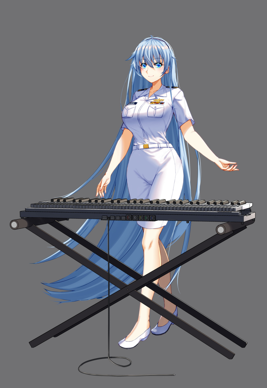 1girl, alternate_costume, belt, blue_eyes, blue_hair, breast_pocket, breasts, full_body