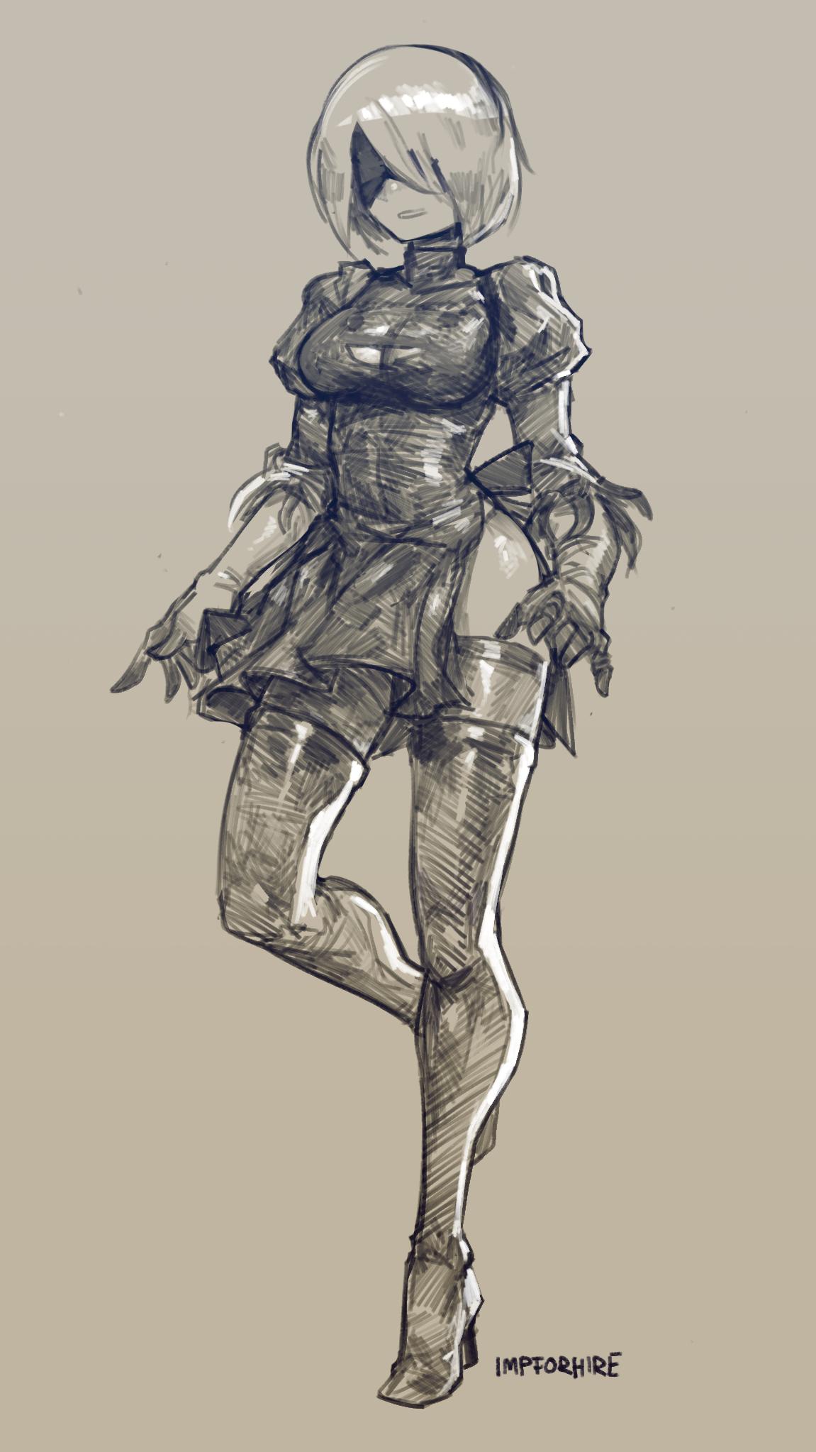 1girl, black_blindfold, black_gloves, black_legwear, blindfold, breasts, covered_navel, covered_nipples, elbow_gloves, gloves, greyscale, grimsby, high_heels, highres, monochrome, nier_(series), nier_automata, parted_lips, puffy_sleeves, short_hair, signature, solo, standing, turtleneck, yorha_no._2_type_b