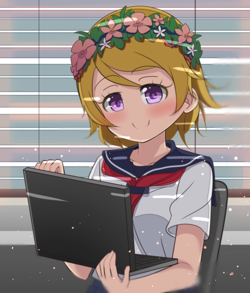 1girl, bangs, blonde_hair, blush, chair, closed_mouth, computer, cosplay, crossover, eyebrows_visible_through_hair, head_wreath, highres, holding_laptop, indoors, koizumi_hanayo, laptop, looking_at_viewer, love_live!, love_live!_school_idol_project, muse_loss, sakugawa_school_uniform, school_uniform, short_hair, smile, solo, to_aru_kagaku_no_railgun, to_aru_majutsu_no_index, uiharu_kazari, uiharu_kazari_(cosplay), violet_eyes