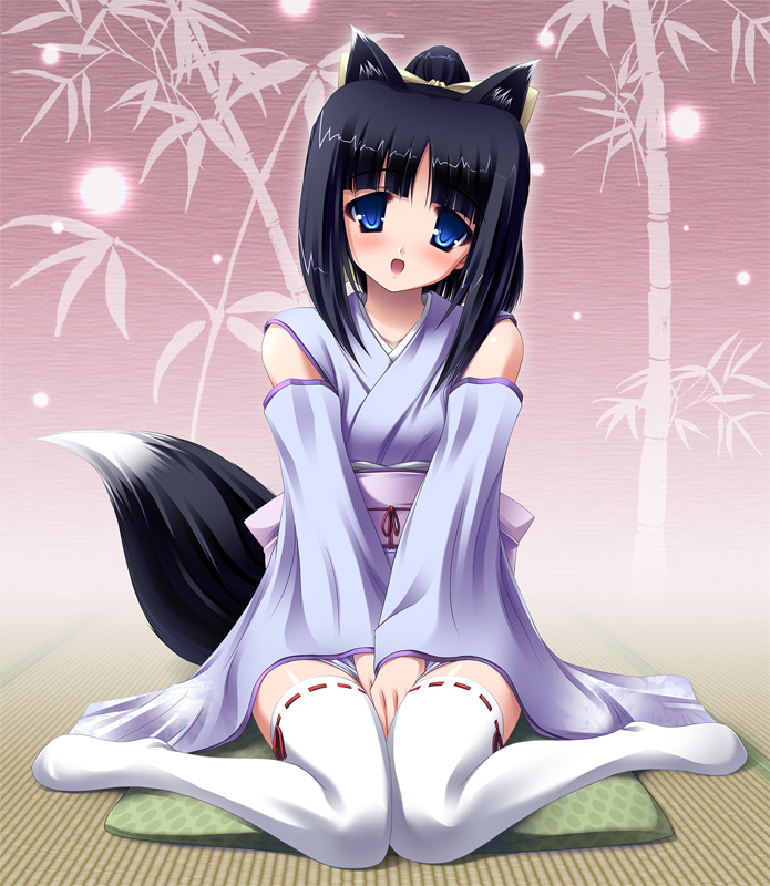 blue_eyes, blush, bow, detached_sleeves, fox_ears, fox_tail, hair_bow, japanese_clothes, kimono, original, sakai_sakae, sitting, tail, thighhighs, white_legwear