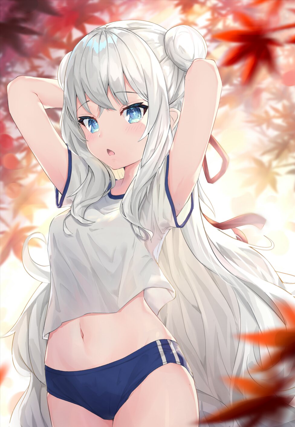 +_+, 1girl, arms_behind_head, arms_up, autumn_leaves, azur_lane, blue_buruma, blue_eyes