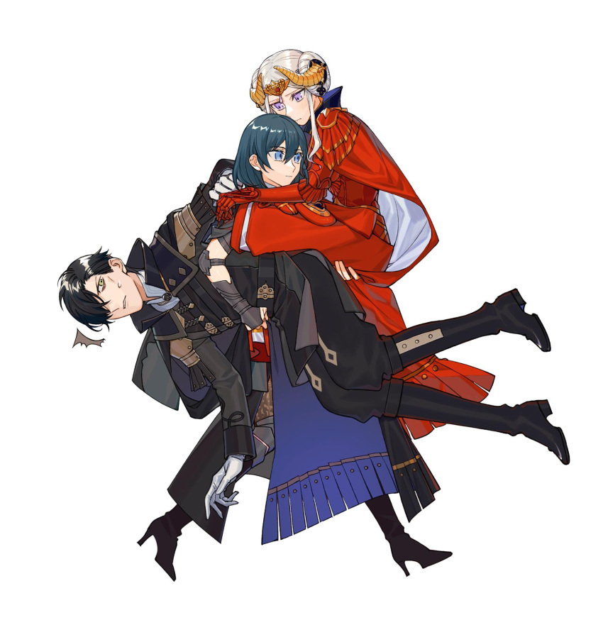 1boy, 2girls, arm_guards, black_footwear, black_hair, boots, byleth_(fire_emblem), byleth_eisner_(female), cape, carrying, carrying_under_arm, edelgard_von_hresvelg, expressionless, fire_emblem, fire_emblem:_three_houses, gloves, green_hair, hair_over_one_eye, highres, hubert_von_vestra, multiple_girls, parted_lips, qjwyr, silver_hair, sweatdrop, tiara, violet_eyes