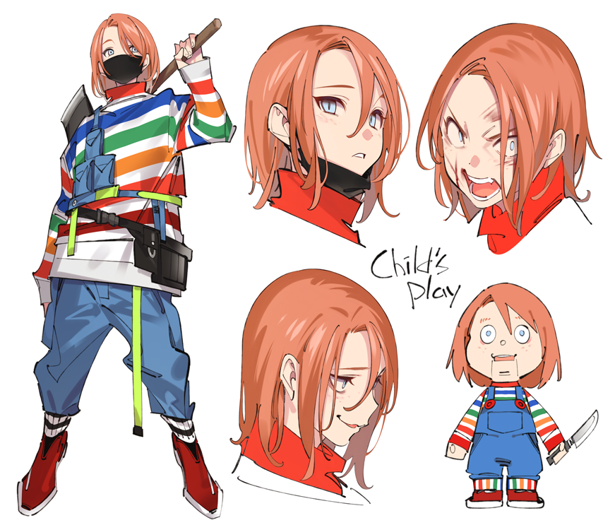 1boy, axe, blood, blue_eyes, character_sheet, child's_play, chucky, copyright_name