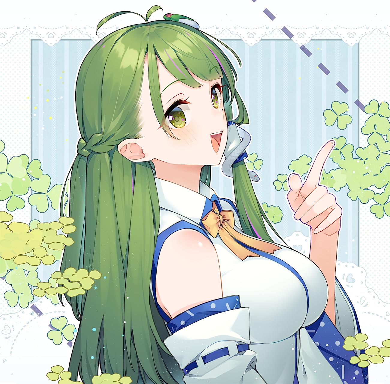 1girl, ahoge, bare_shoulders, bowtie, braid, breast, broken_line, clover_leaf
