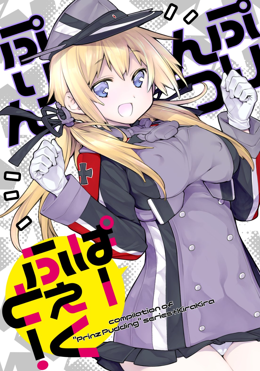 1girl, anchor_hair_ornament, blonde_hair, blue_eyes, breasts, covered_nipples, cowboy_shot, gloves