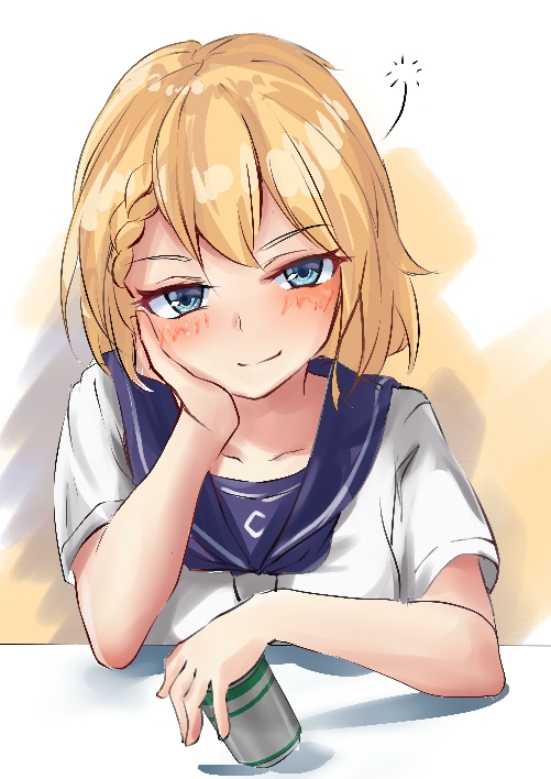 1girl, admiralkeyes, alcohol, aqua_eyes, bangs, beer, beer_can, blonde_hair