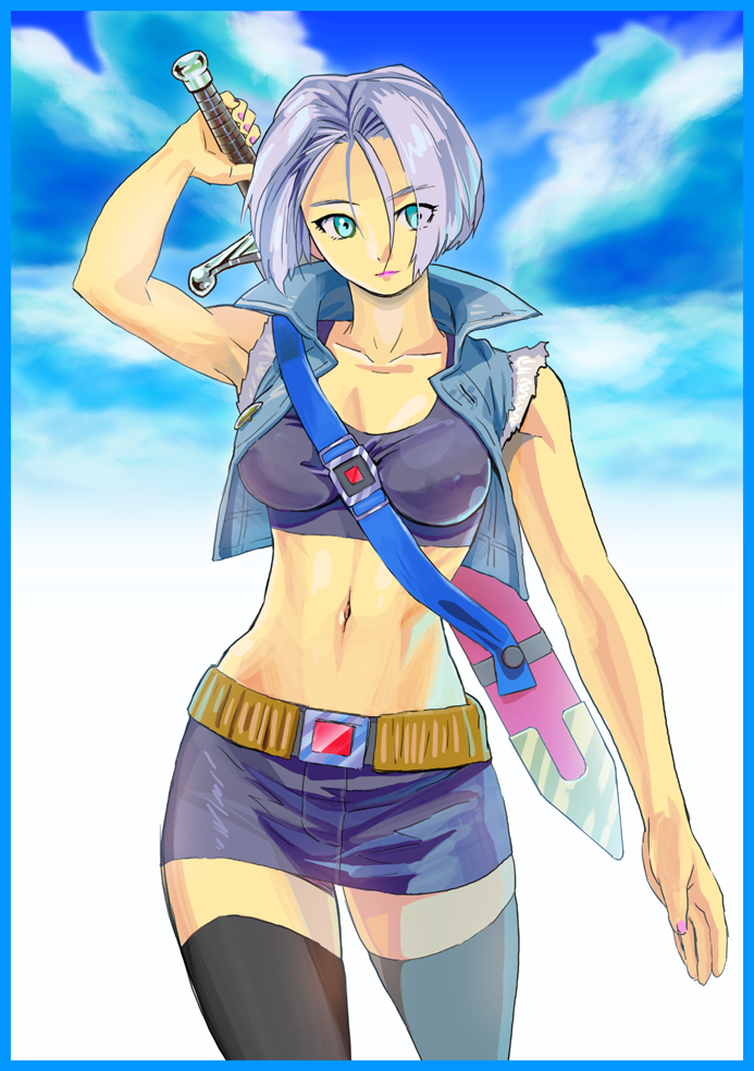 1girl, blue_eyes, blue_hair, breasts, closed_mouth, clouds, commentary_request, dragon_ball, dragon_ball_z, genderswap, genderswap_(mtf), isaki_(shimesaba), jacket, nail_polish, purple_hair, short_hair, skirt, solo, sword, thigh-highs, trunks_(future)_(dragon_ball), weapon
