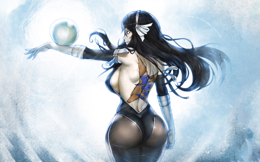1girl, artist_name, ass, back, back_tattoo, backless_outfit, black_hair, black_legwear