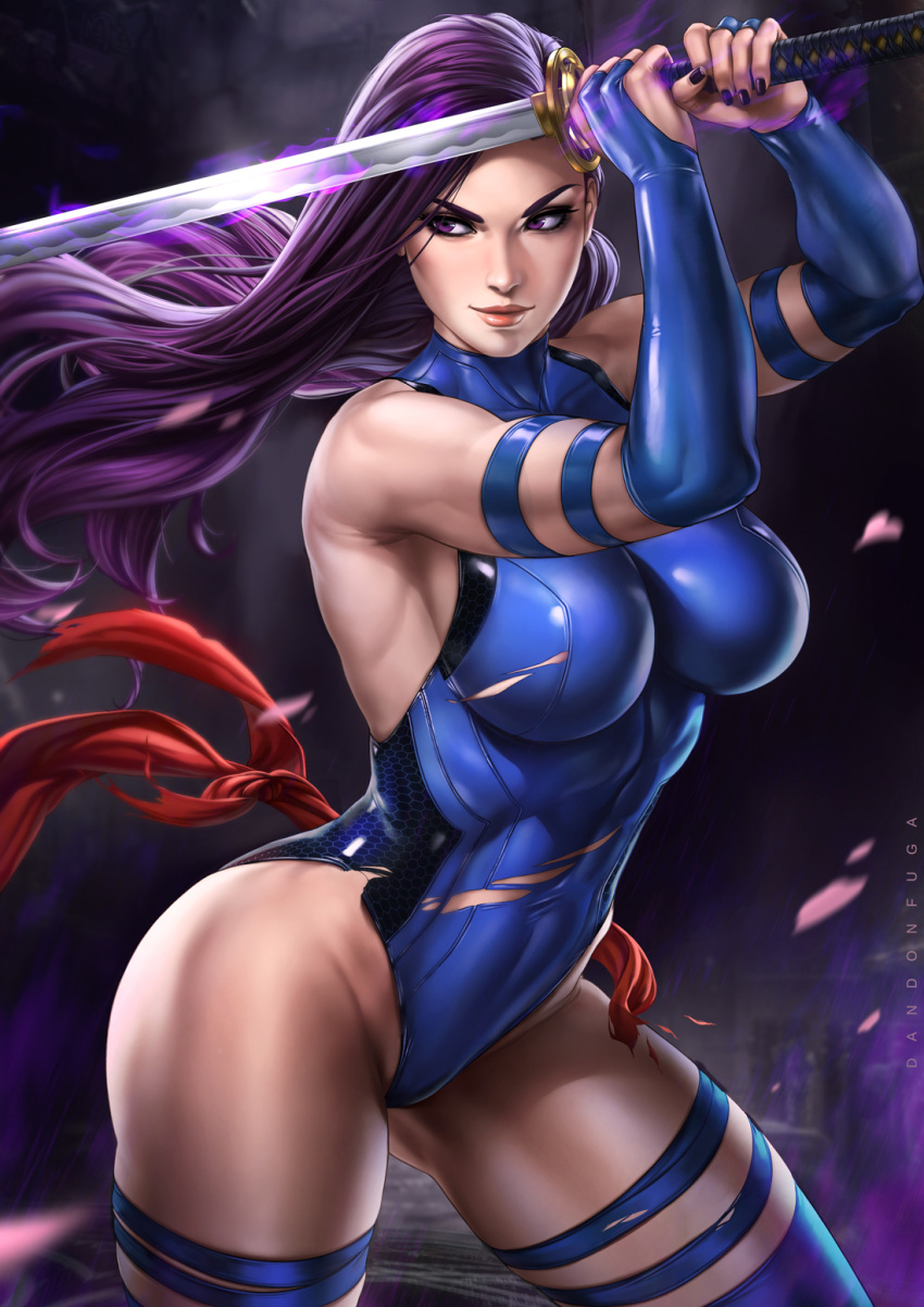 1girl, arm_strap, armpits, bare_shoulders, black_nails, blue_leotard, breasts, covered_navel