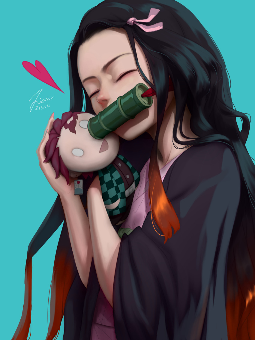 1girl, bamboo, bit_gag, black_hair, character_doll, closed_eyes, gag, gradient_hair