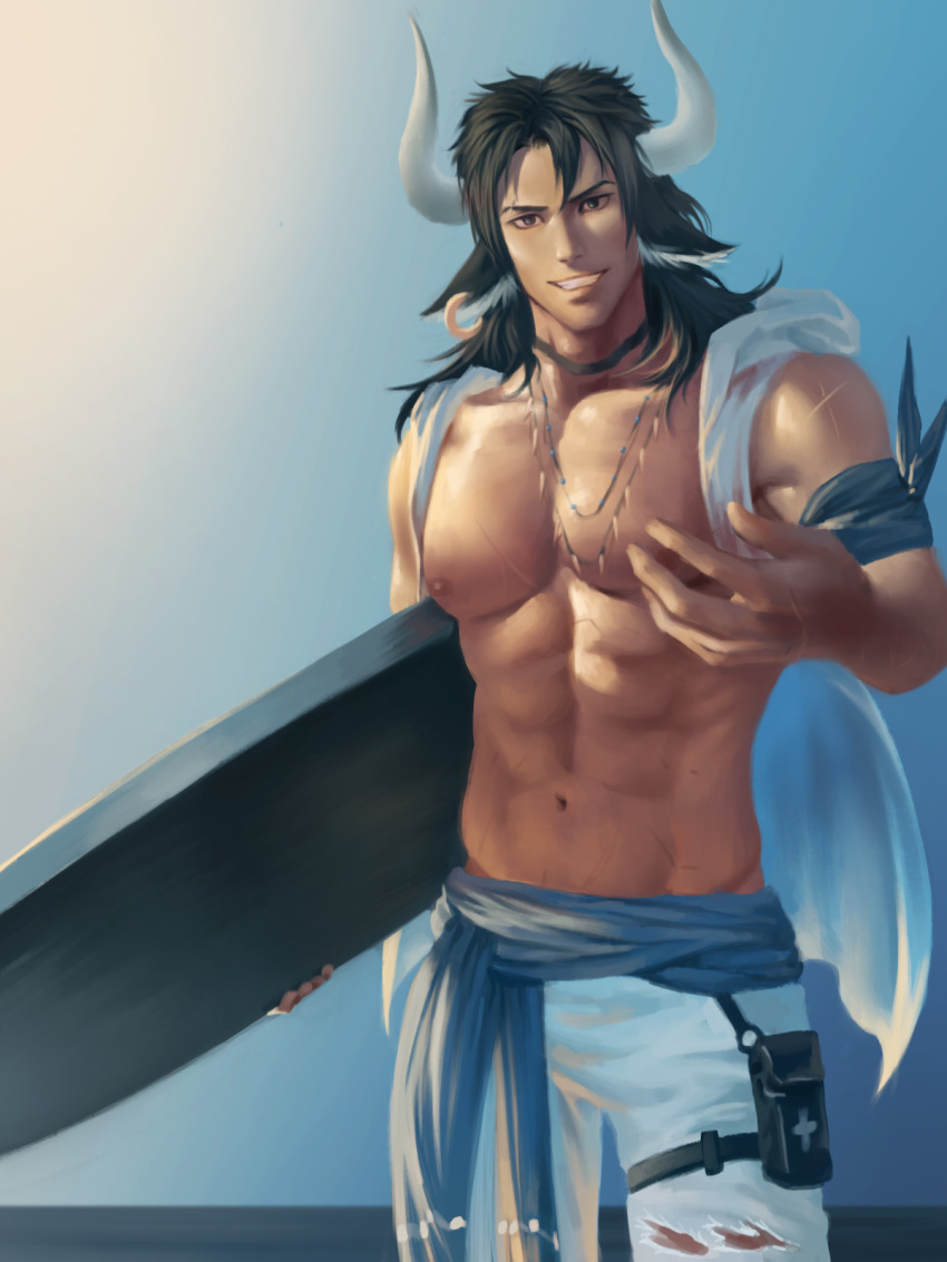 1boy, animal_ears, arknights, armband, bara, black_hair, chest, choker