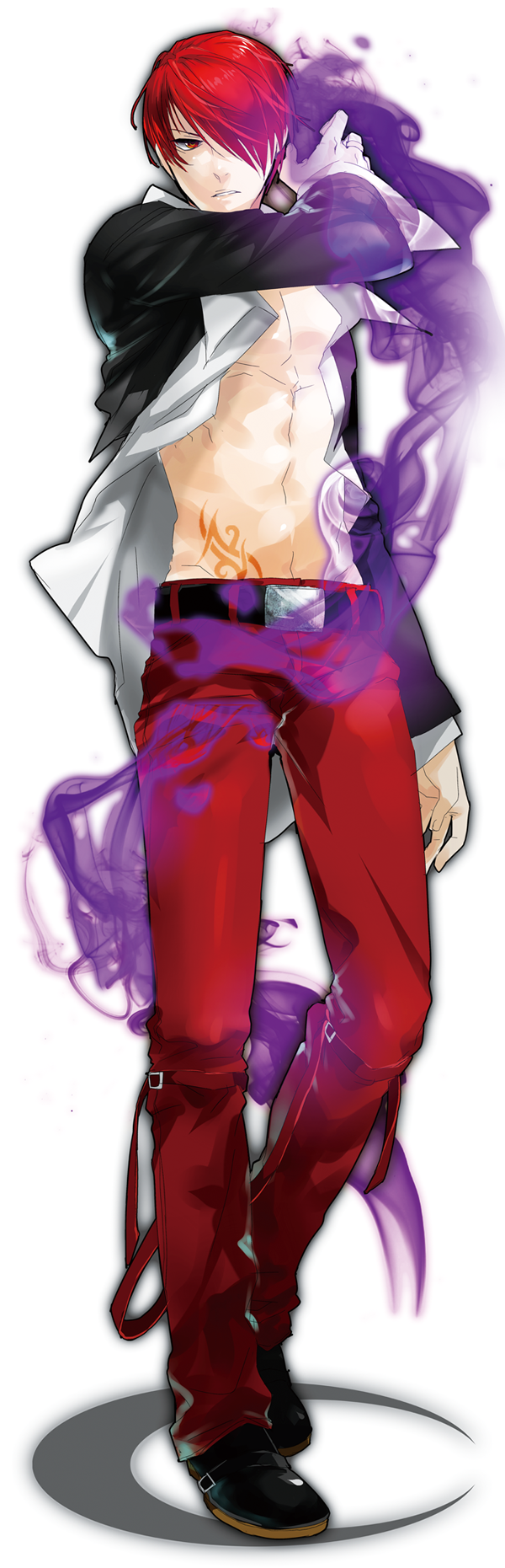 1boy, belt, black_jacket, choker, fire, hair_over_one_eye, highres, jacket, male_focus, muscle, open_clothes, open_jacket, pants, purple_fire, red_eyes, red_pants, redhead, rekkuja, solo, the_king_of_fighters, yagami_iori