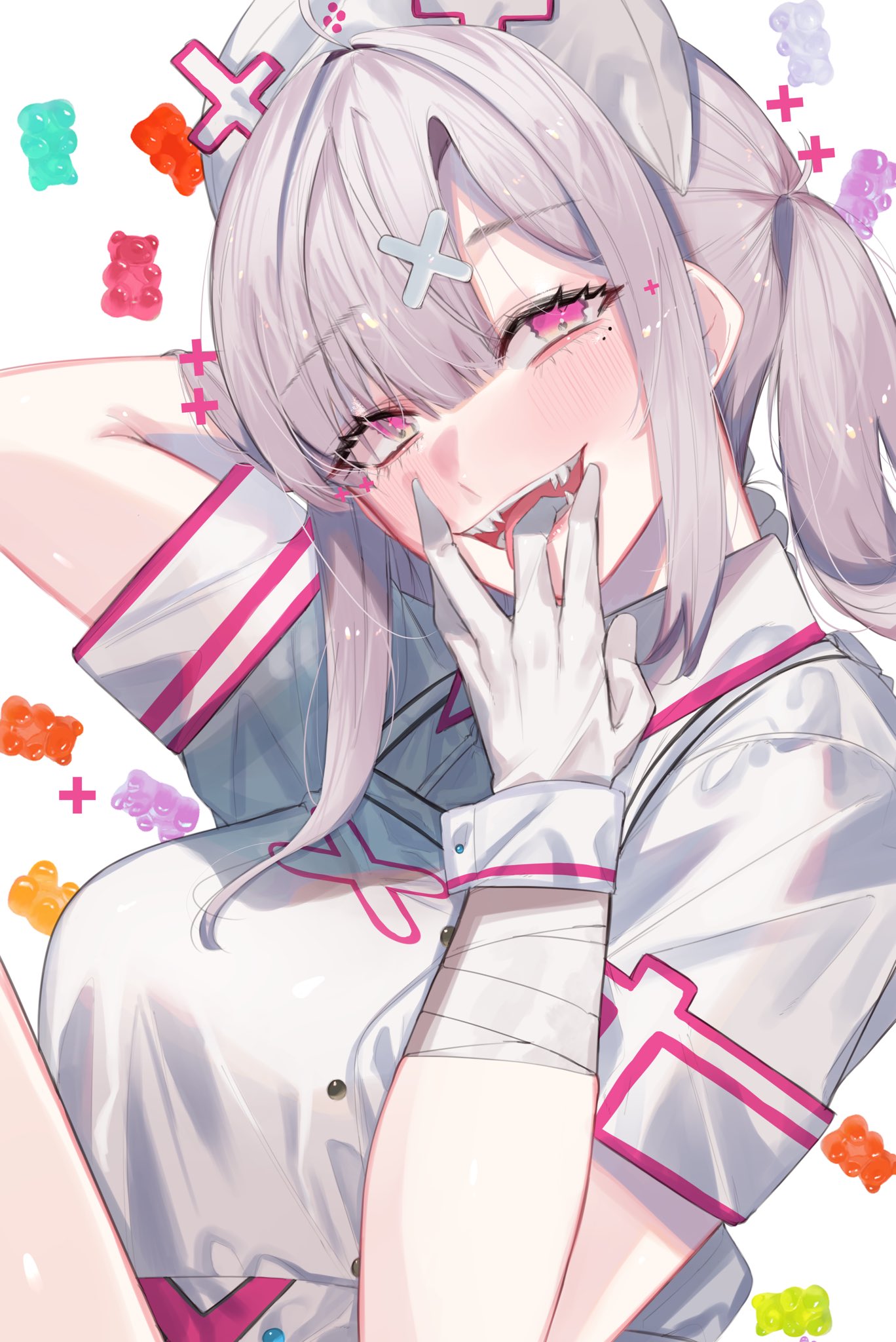 1girl, ahoge, bandages, bangs, blush, breasts, commentary, dasui191023