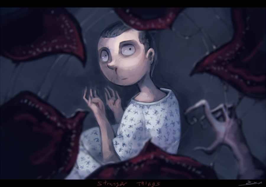 1girl, black_hair, blood, demogorgon, drooling, eleven_(stranger_things), from_behind, hospital_gown