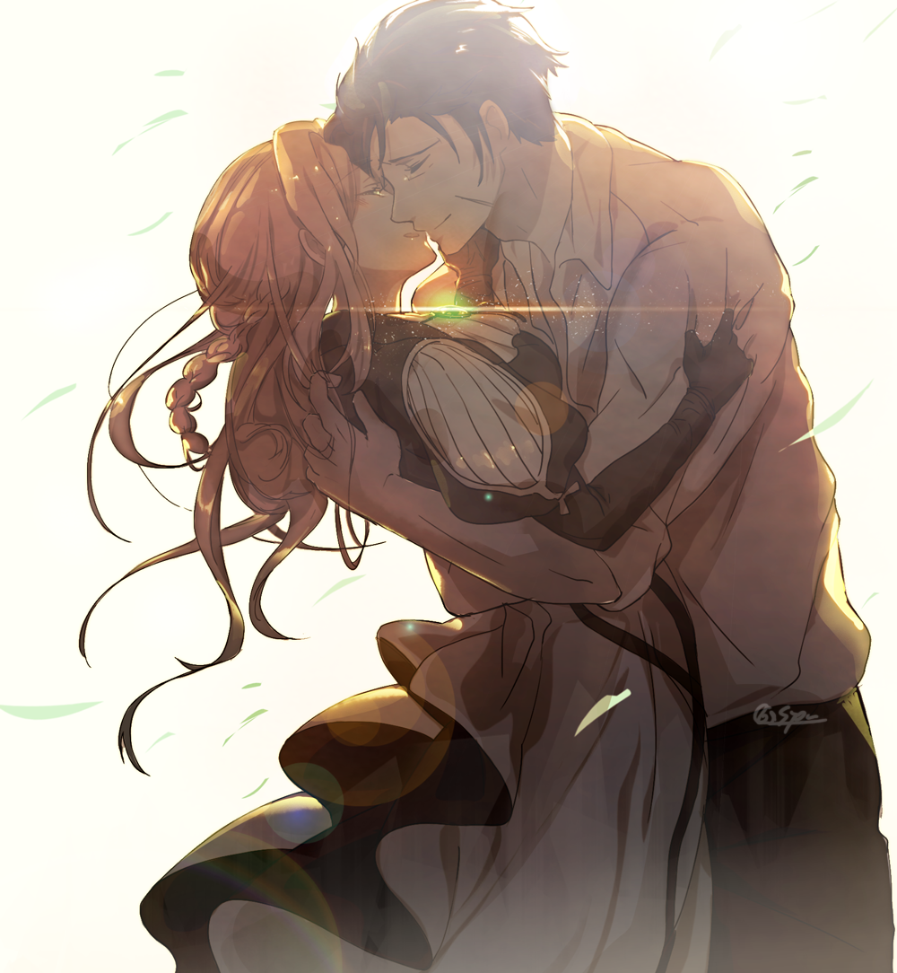 1boy, 1girl, black_hair, blonde_hair, blue_jacket, braid, brooch, closed_eyes
