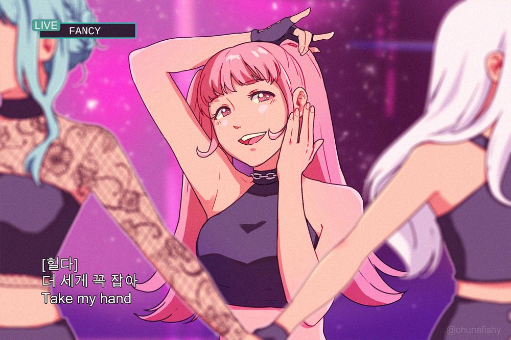 3girls, alternate_costume, arm_up, blue_hair, chunafishy, fingerless_gloves, fire_emblem, fire_emblem:_three_houses