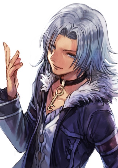 1boy, alvis, blue_hair, choker, coat, fur_trim, hair_over_one_eye, hankuri