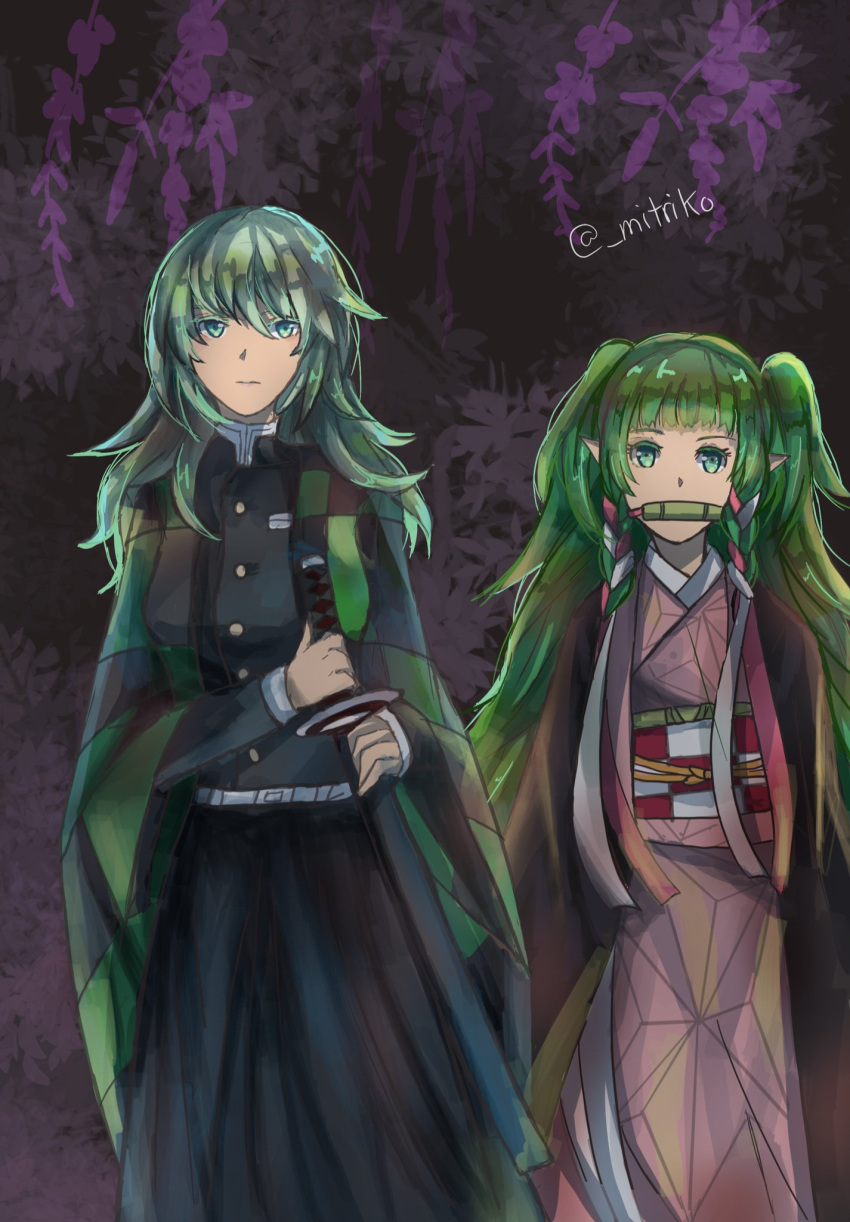 2girls, bamboo, bit_gag, braid, byleth_(fire_emblem), byleth_eisner_(female), checkered, closed_mouth