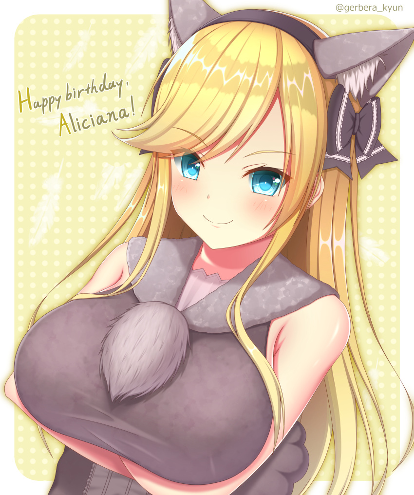 1girl, absurdres, animal_ear_fluff, animal_ears, black_bow, blonde_hair, blue_eyes, blush