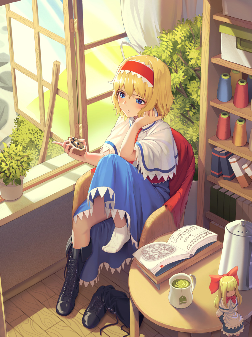 1girl, absurdres, alice_margatroid, ankle_socks, black_footwear, blonde_hair, blue_dress, book