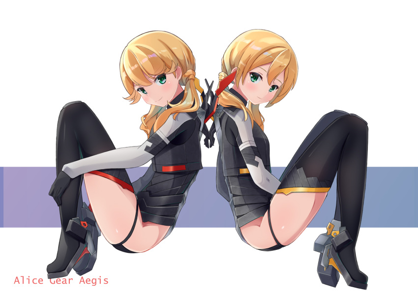 2girls, alice_gear_aegis, back-to-back, black_footwear, black_gloves, blonde_hair, blush, boots