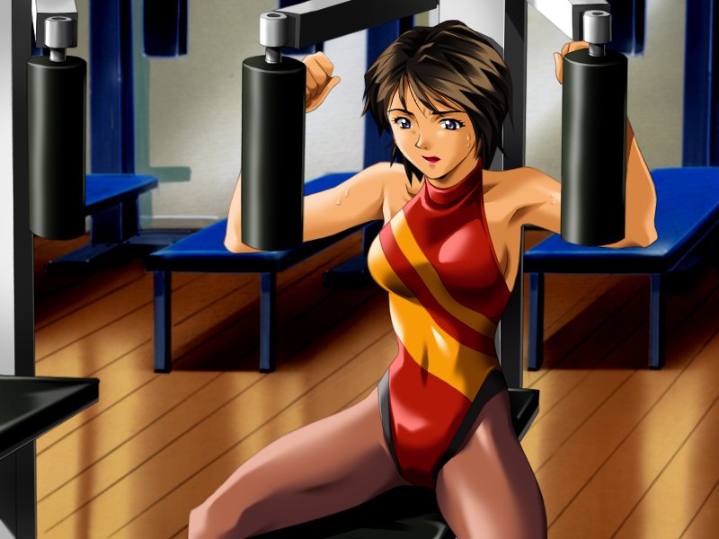 breasts, brown_hair, exercise, game_cg, leotard, p.s., pantyhose, purple_eyes