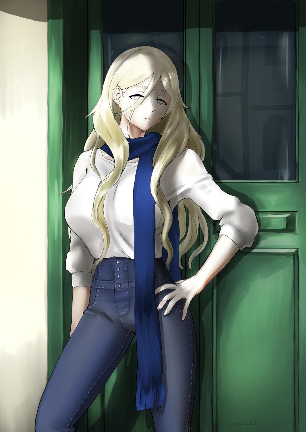 1girl, blonde_hair, blue_eyes, blue_scarf, commentary_request, denim, doorway, feet_out_of_frame