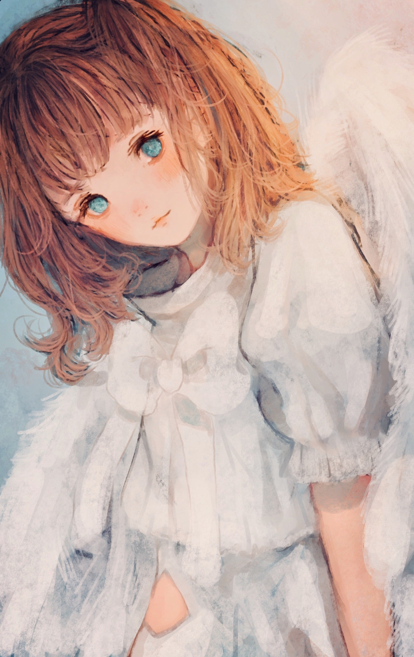 1girl, angel, angel_wings, bangs, blue_background, blue_eyes, bow, brown_hair