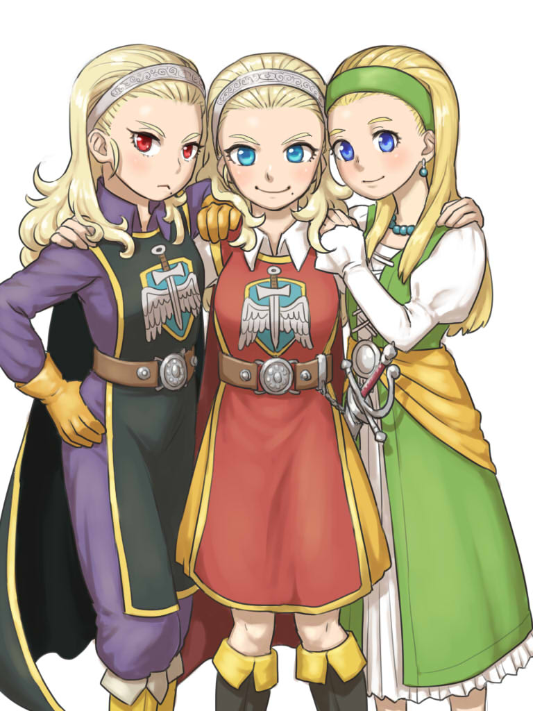 3girls, anlucea, arinsu_(kodamamaimai), belt, blonde_hair, blue_eyes, blush, dark_persona