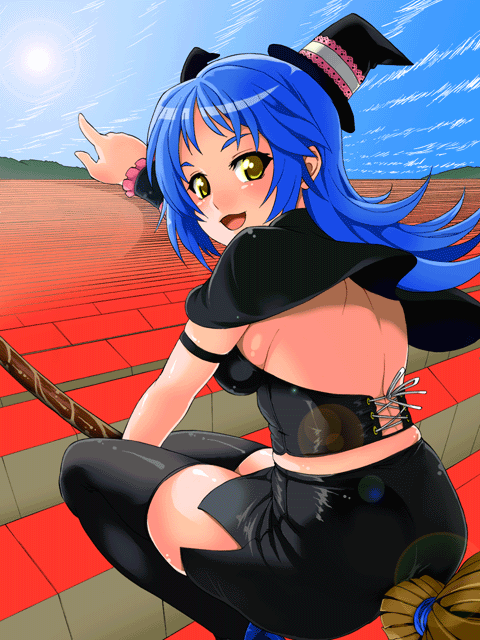 blue_hair, blush, broom, broom_riding, corset, hat, hazel_eyes, leather