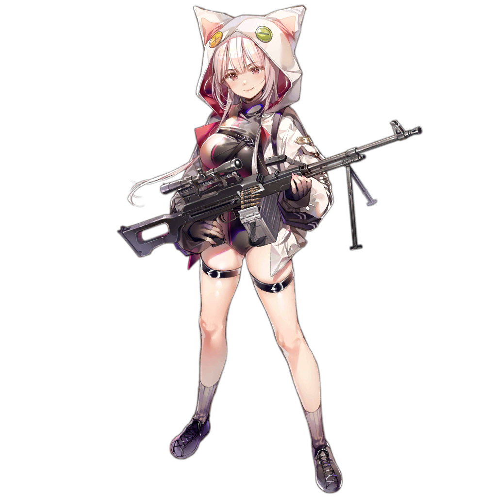 1girl, ammunition_belt, animal_hood, baggy_clothes, bangs, black_gloves, breast_strap, breasts