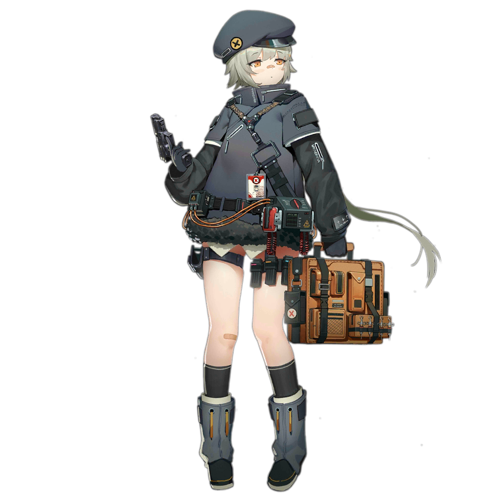 1girl, bandaid, black_jacket, black_legwear, blush, defibrillator, eyebrows_visible_through_hair, fur_trim, girls_frontline, gloves, green_eyes, grey_hair, gun, handgun, hat, holding, holding_gun, holding_weapon, holster, hs2000, hs2000_(girls_frontline), jacket, kneehighs, leg_warmers, magazine_(weapon), medium_hair, official_art, pistol, shirt, simple_background, sling, solo, thigh_strap, transparent_background, trigger_discipline, waterkuma, watermark, weapon, white_shirt