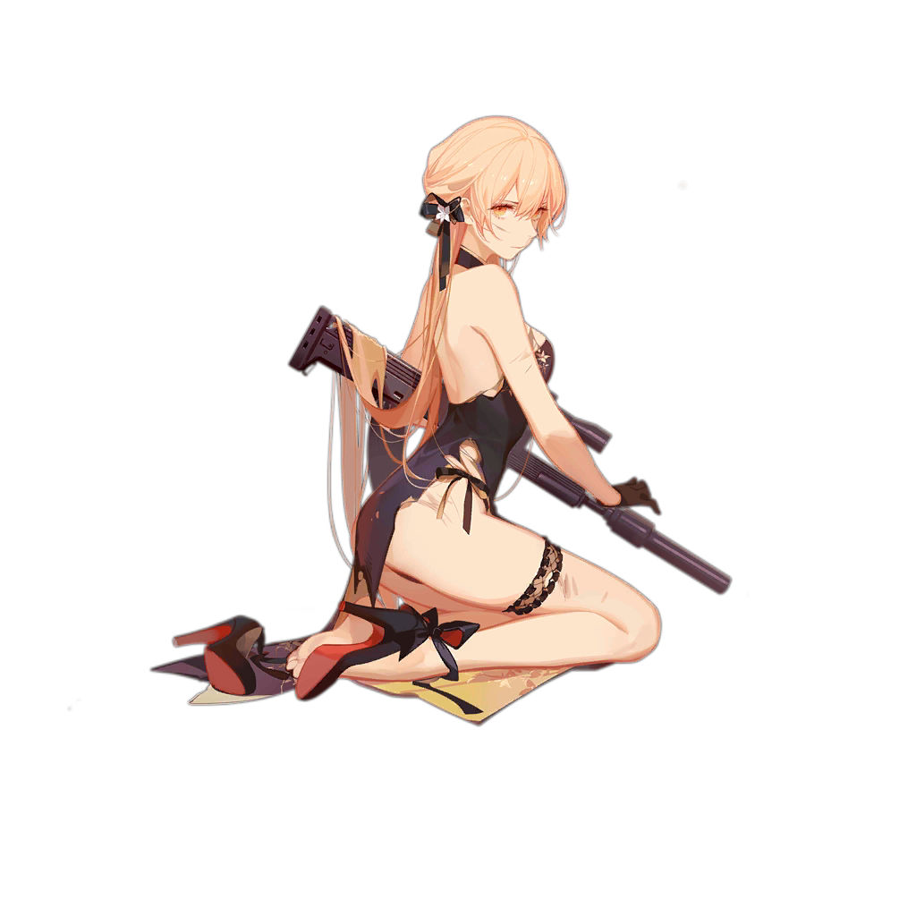 1girl, alternate_costume, alternate_hairstyle, arm_support, ask_(askzy), assault_rifle, bangs, black_dress