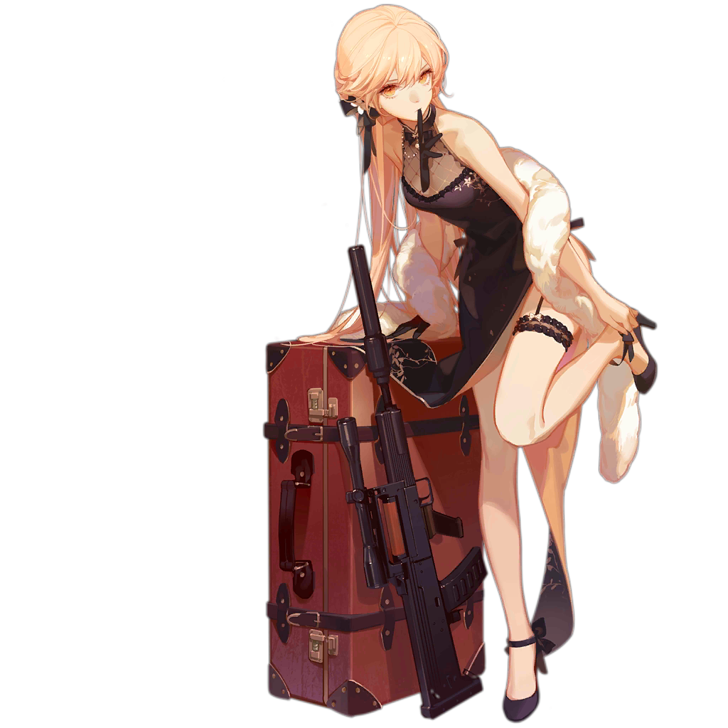 1girl, alternate_costume, alternate_hairstyle, arm_support, ask_(askzy), assault_rifle, bangs, black_dress