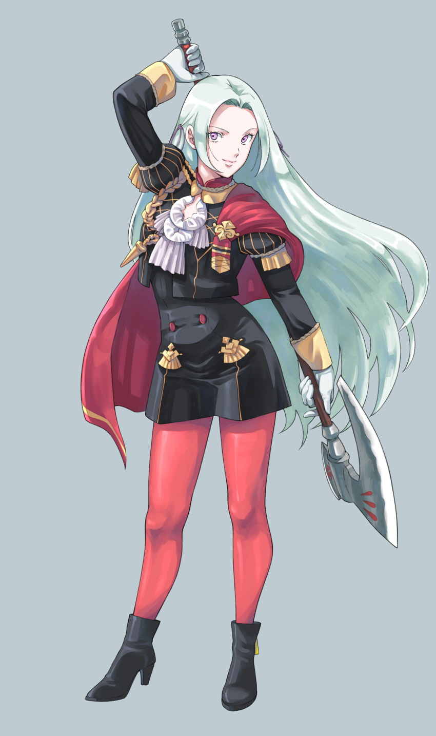 1girl, axe, blonde_hair, blue_eyes, blush, cape, cravat, edelgard_von_hresvelg