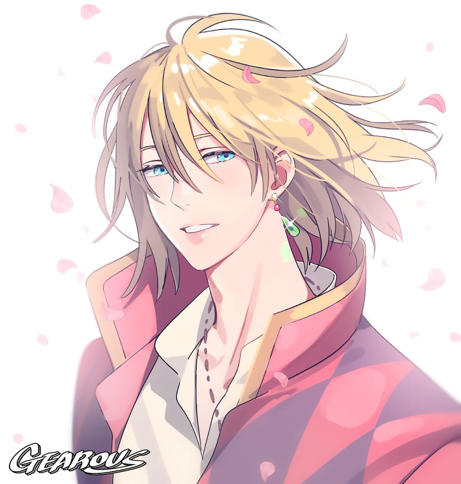 1boy, argyle, argyle_jacket, artist_name, blonde_hair, blue_eyes, earrings, floating_hair, gearous, hair_between_eyes, howl_(howl_no_ugoku_shiro), howl_no_ugoku_shiro, jacket, jewelry, male_focus, parted_lips, petals, rose_petals, short_hair, smile, solo, upper_body, watermark, white_background, wind