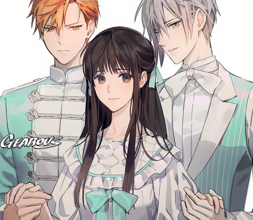 1girl, 2boys, aqua_ribbon, artist_name, bow, bowtie, brown_eyes, brown_hair